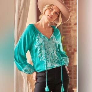Savanna Jane Teal Embroidered BoHo Southwestern Beachy Summer Blouse Top NWT